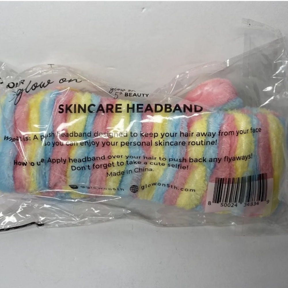 🛍️ Glow On 5th Skincare Beauty Spa Raindow Striped Plush Bow Headband - Picture 3 of 3